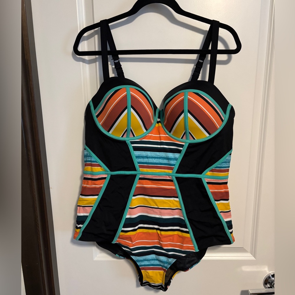 Torrid Black & Multi Stripe Underwire One-Piece Swimsuit
